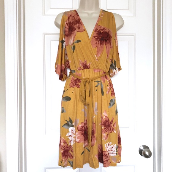 Mustard Floral Short Sleeve Cold Shoulder Dress - Picture 2 of 2